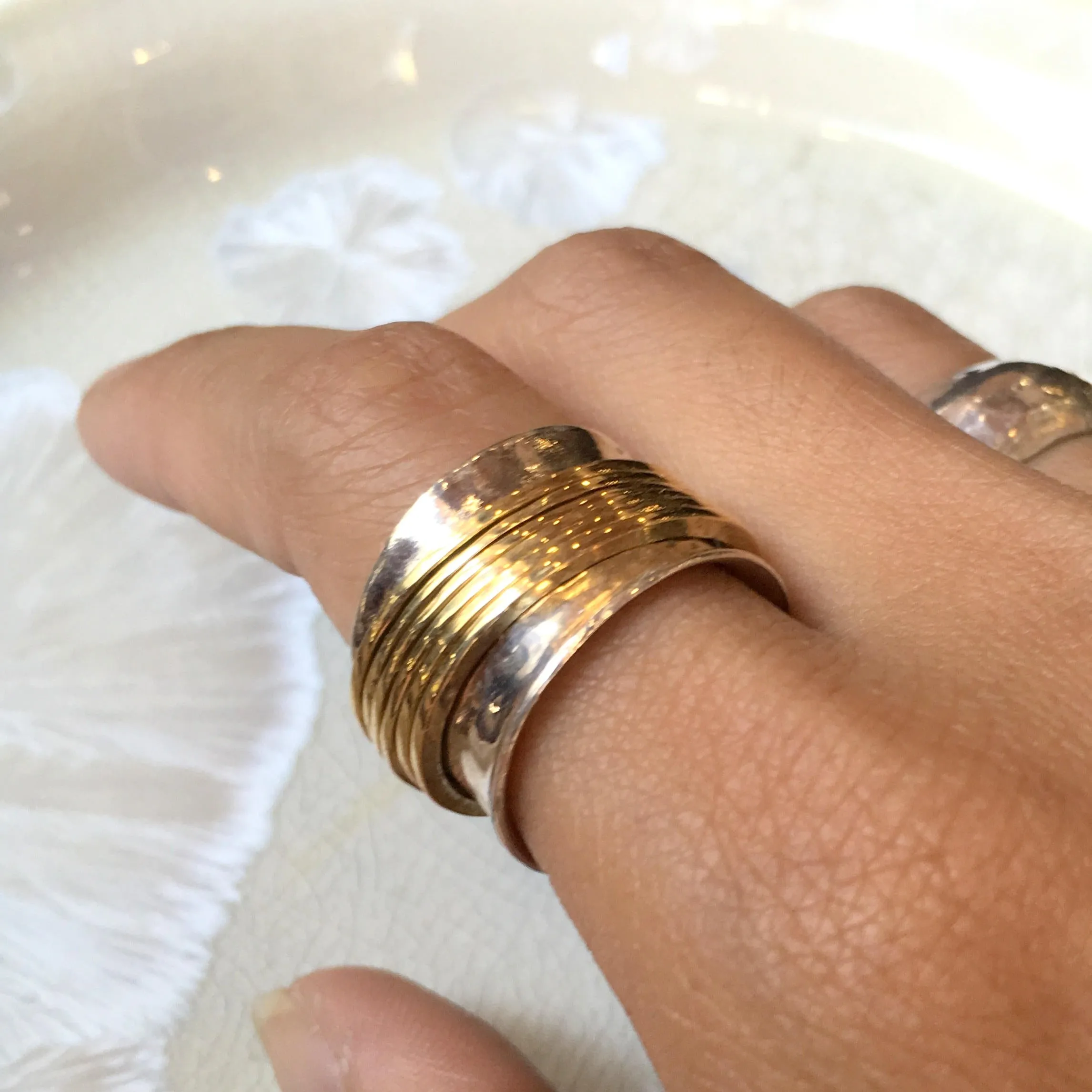 Silver Solid Gold Meditation Ring - Falling Free.
