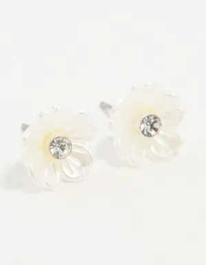 Silver White Flower Diamante Stud Earrings