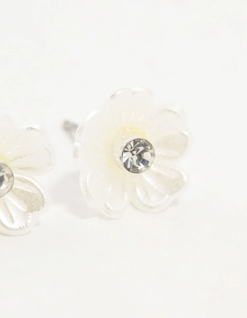 Silver White Flower Diamante Stud Earrings