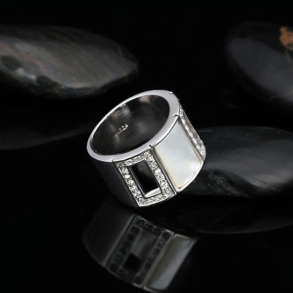 Simple Style Zinc Alloy Rhodium Plated Hollow Party Rings with Square Shell Stone – Trendy Jewelry for Women