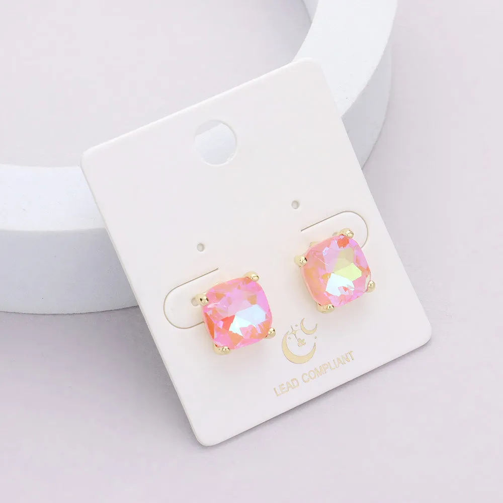 Small Pink AB Cushion Square Stud Pageant Earrings  | Interview Earrings | 591503
