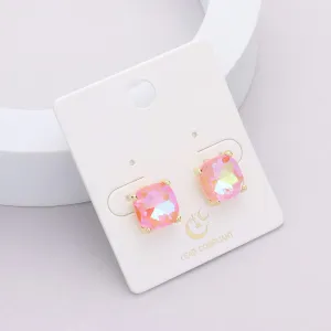 Small Pink AB Cushion Square Stud Pageant Earrings  | Interview Earrings | 591503