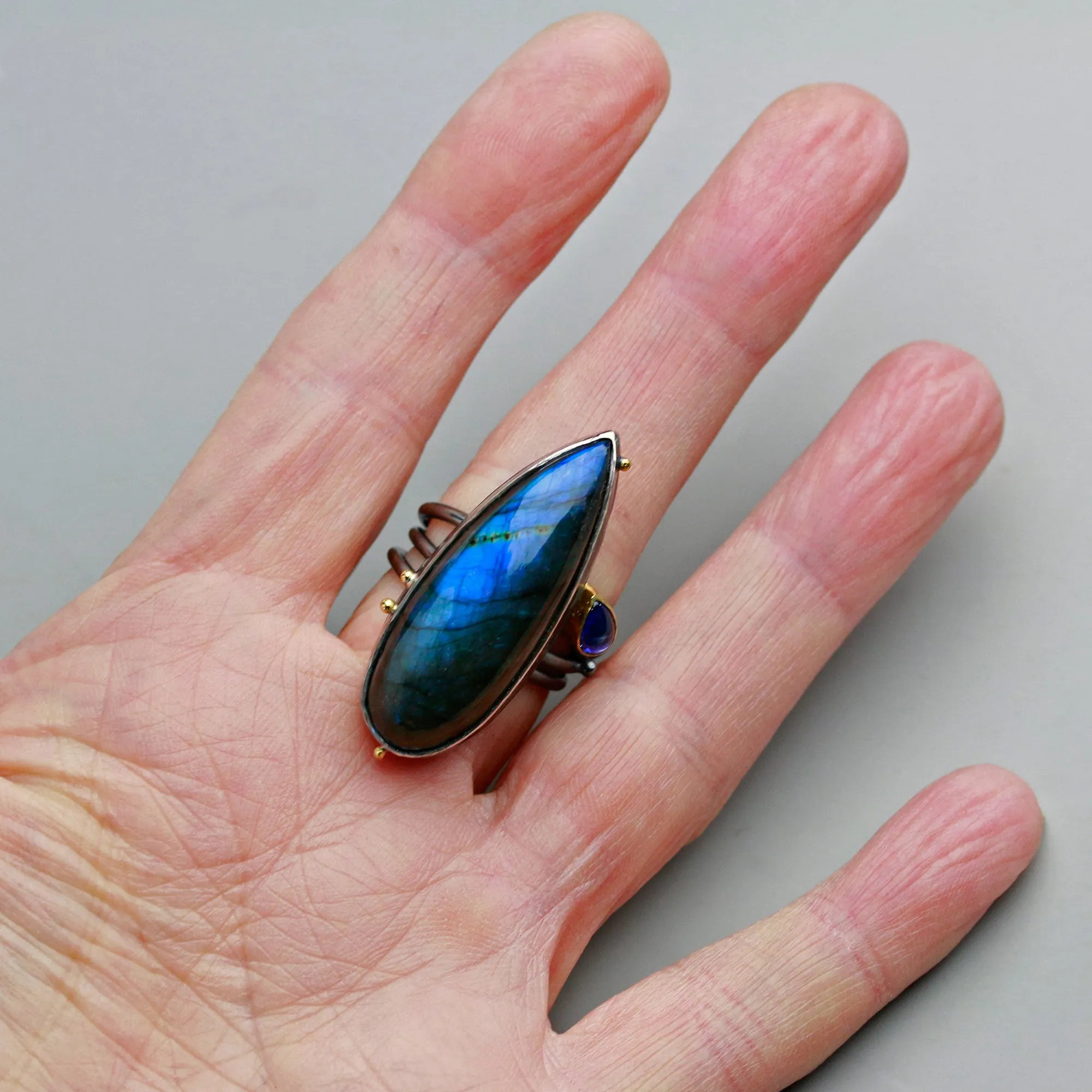 SOLD Tall Labradorite and Kyanite on Swirled Band. Size 8.