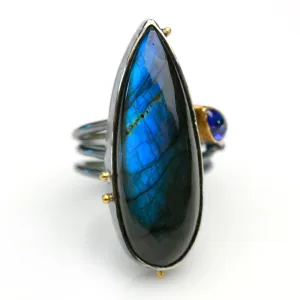SOLD Tall Labradorite and Kyanite on Swirled Band. Size 8.