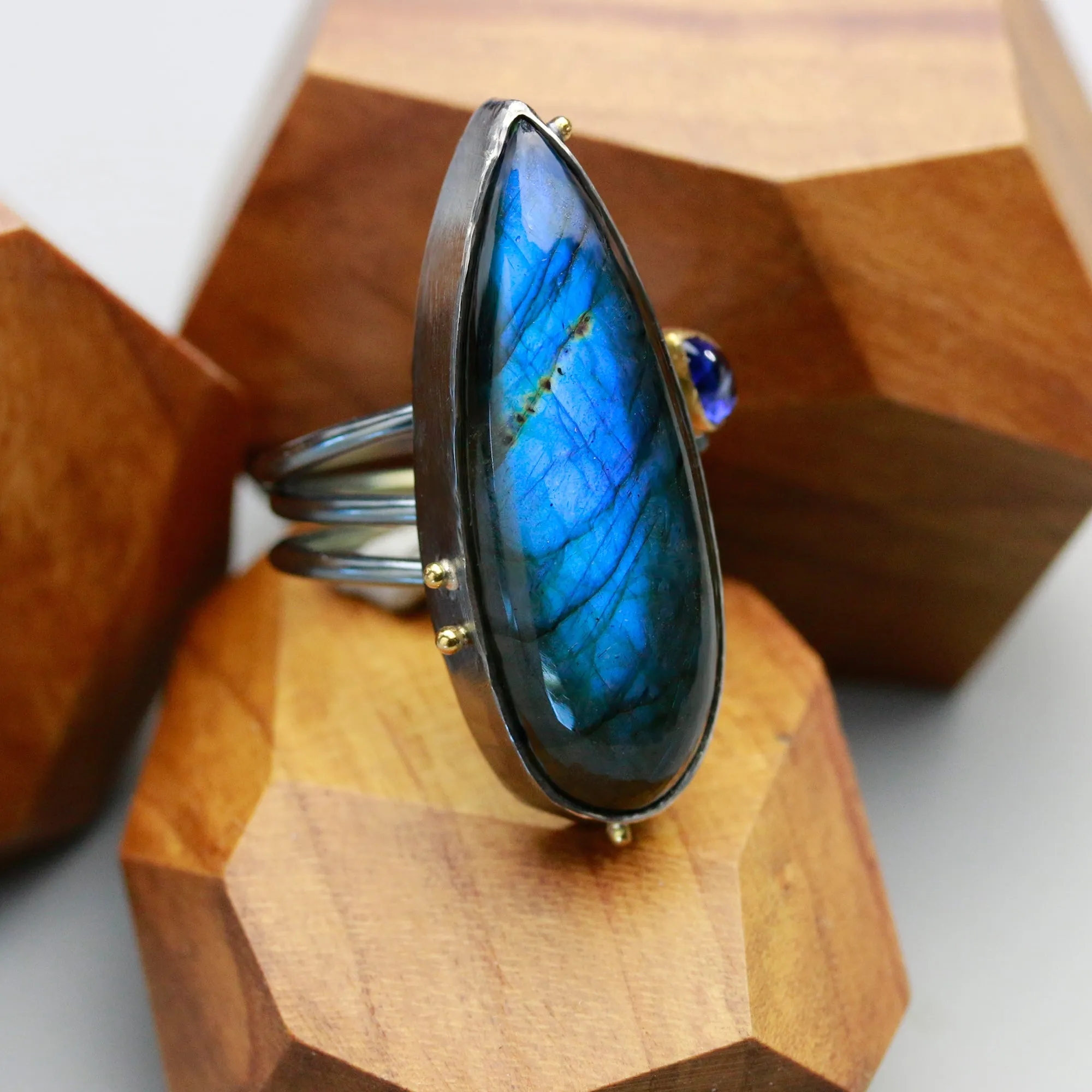 SOLD Tall Labradorite and Kyanite on Swirled Band. Size 8.