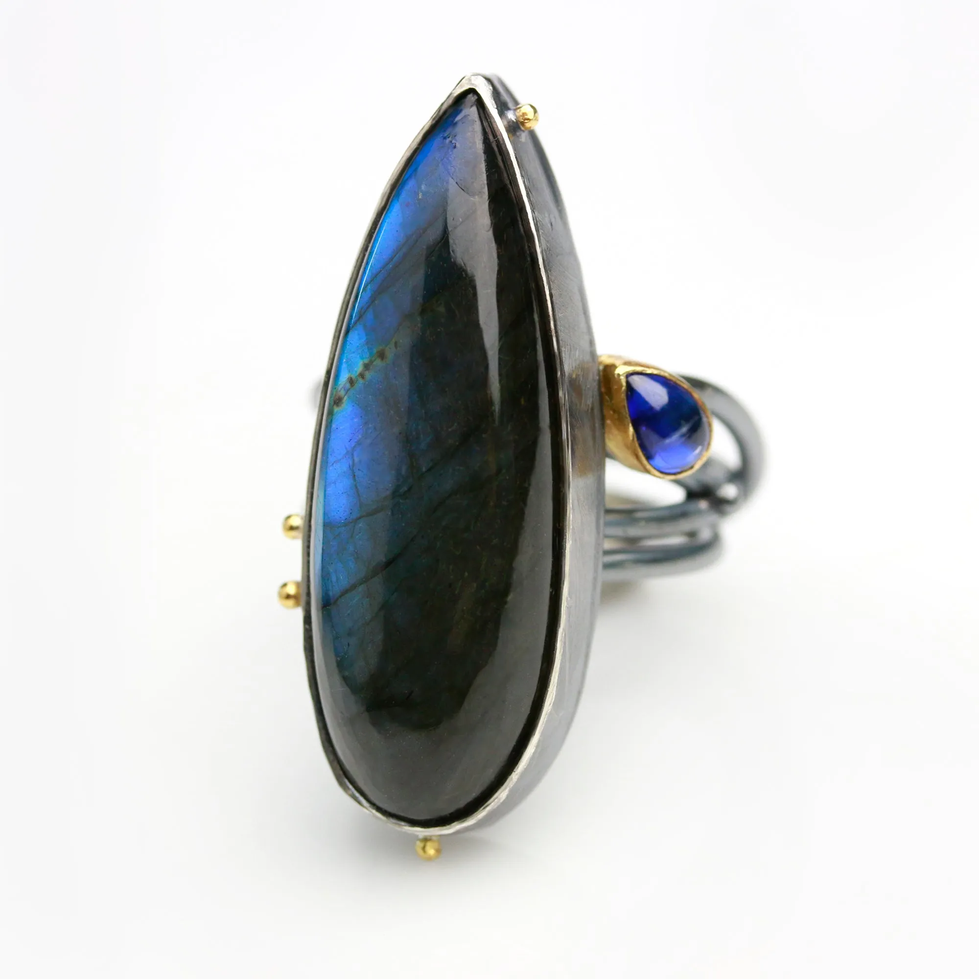 SOLD Tall Labradorite and Kyanite on Swirled Band. Size 8.