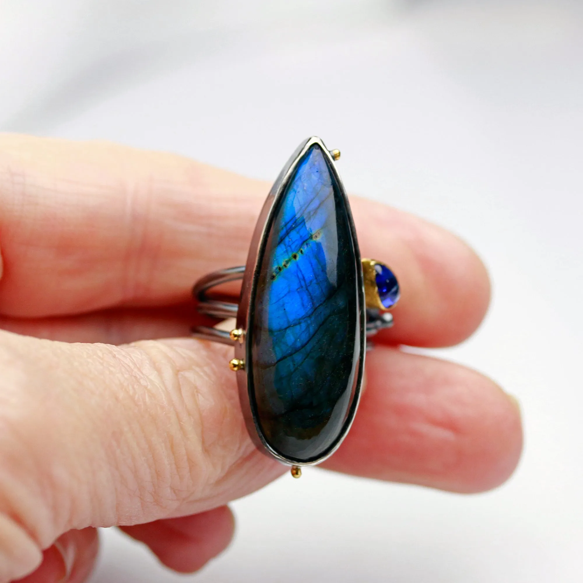 SOLD Tall Labradorite and Kyanite on Swirled Band. Size 8.