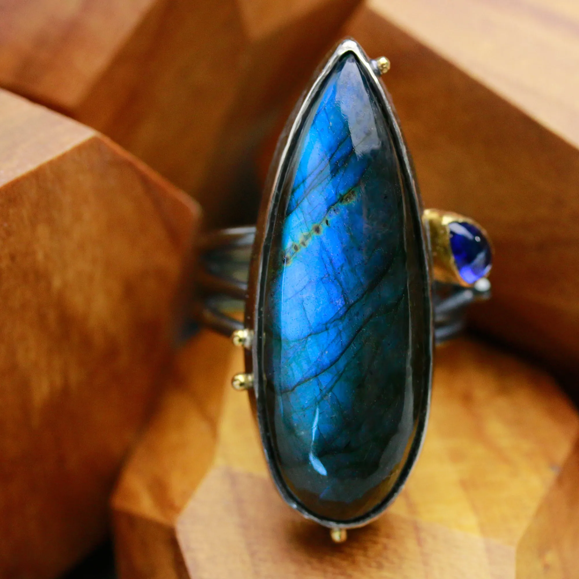 SOLD Tall Labradorite and Kyanite on Swirled Band. Size 8.