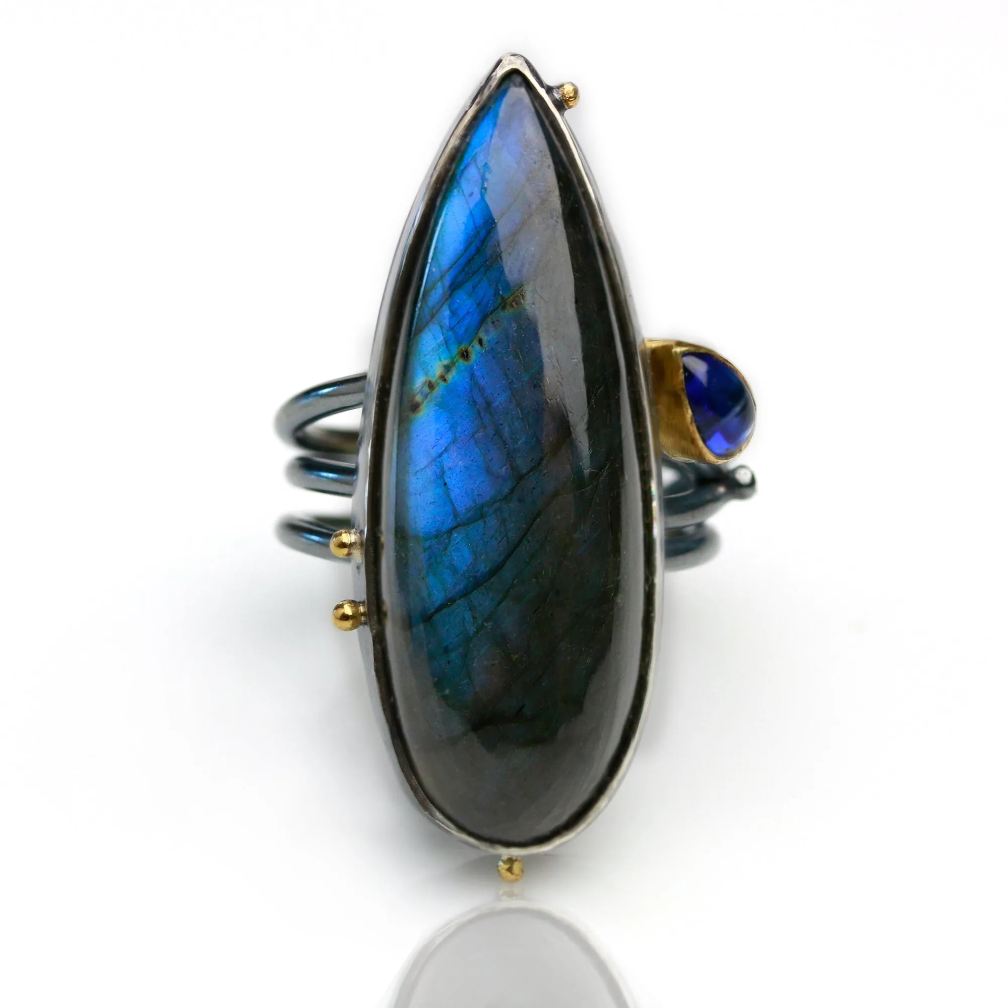 SOLD Tall Labradorite and Kyanite on Swirled Band. Size 8.