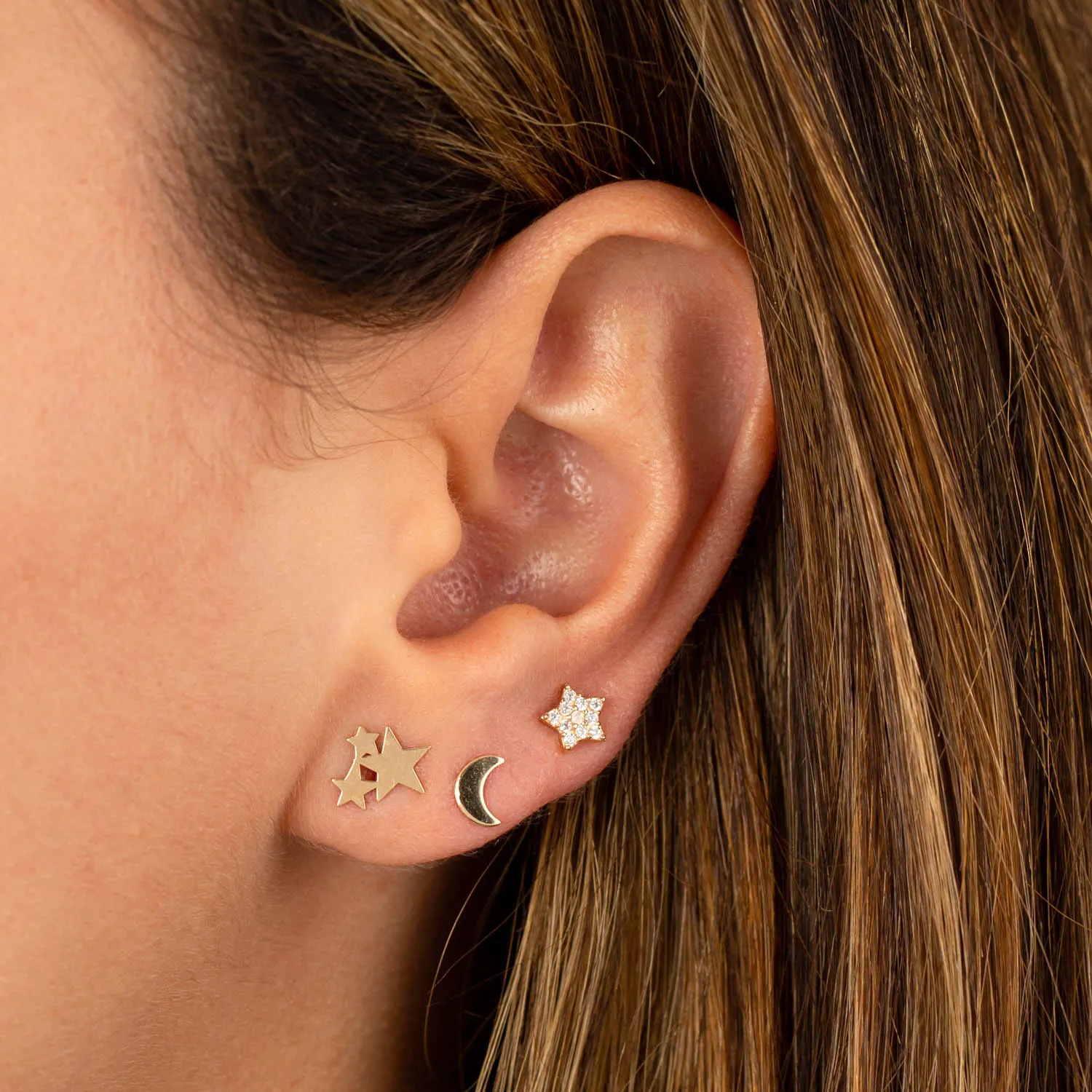 Solid Trio Star Stud Earring 14K