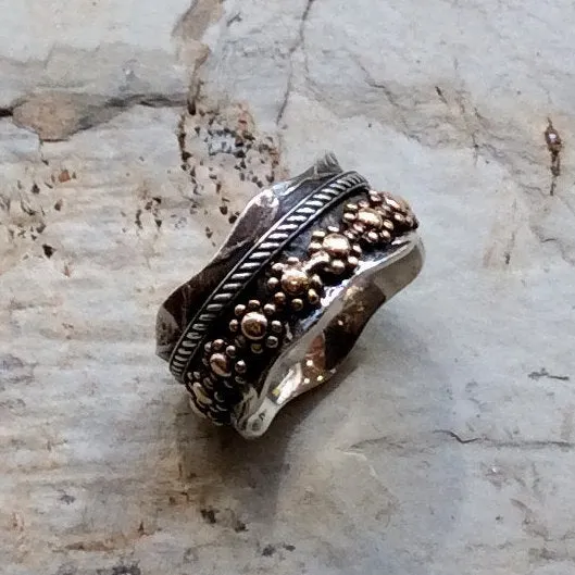 Stacking spinner ring, Silver wedding ring, Floral ring, gold band, silver spinner ring, meditation ring, two tone ring  - One love R2347