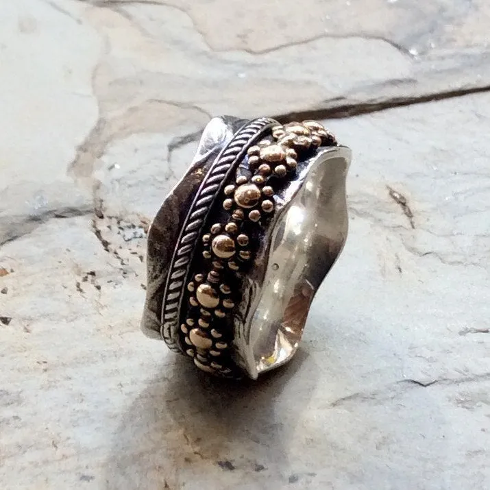 Stacking spinner ring, Silver wedding ring, Floral ring, gold band, silver spinner ring, meditation ring, two tone ring  - One love R2347
