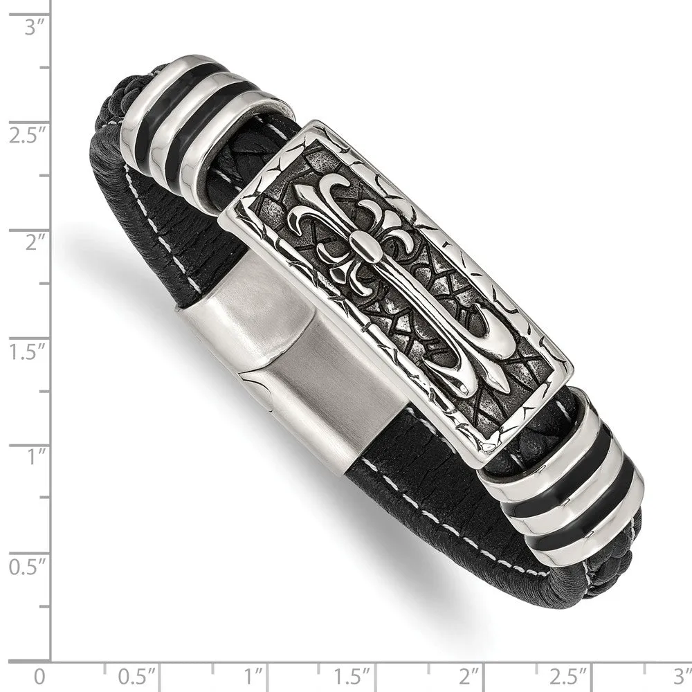 Stainless Steel Antiqued & Polished w/Enamel Faux Leather 8.5in Bracelet