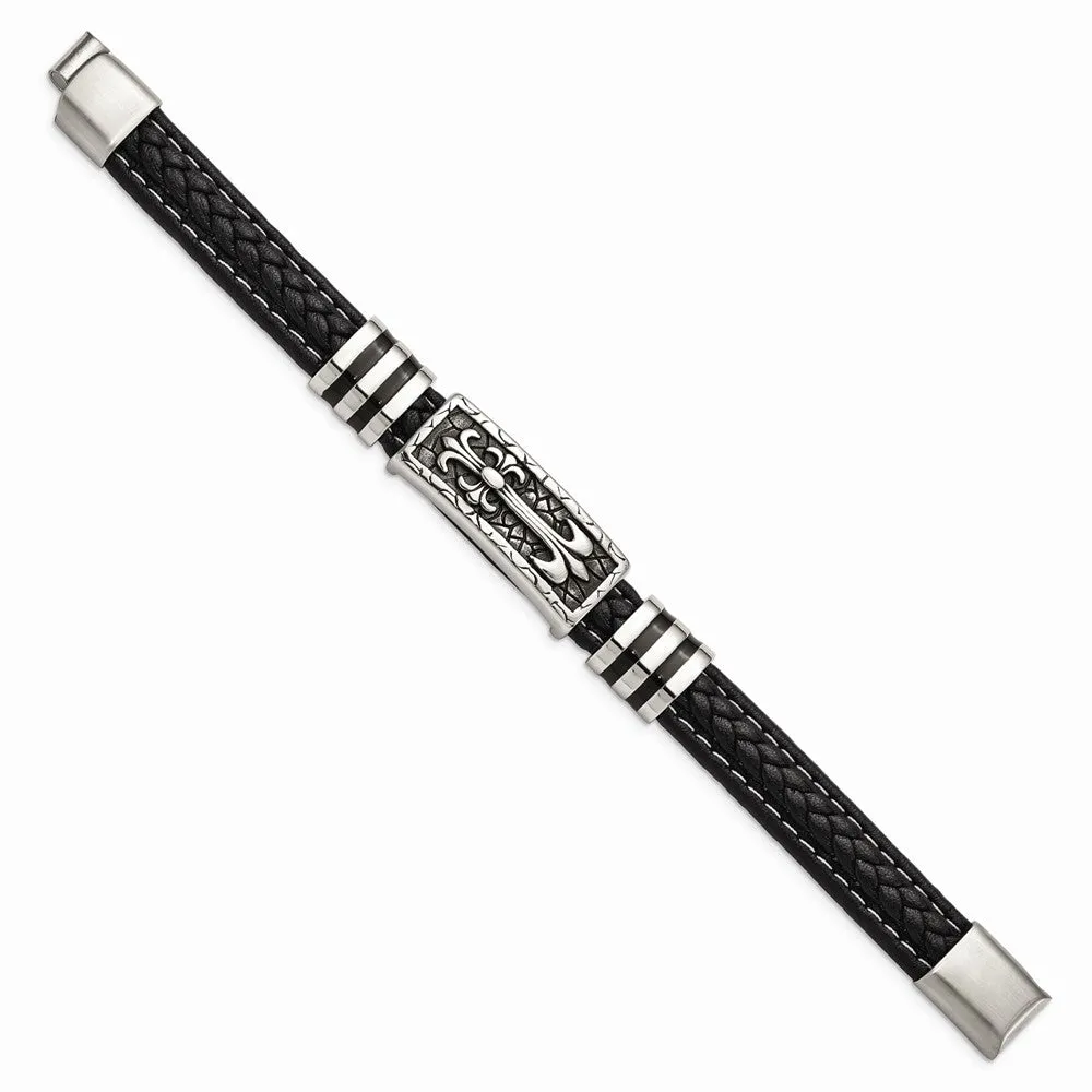 Stainless Steel Antiqued & Polished w/Enamel Faux Leather 8.5in Bracelet
