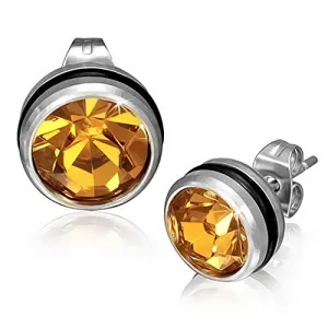 Stainless Steel Black Silver-Tone Round Classic Yellow CZ Stud Earrings