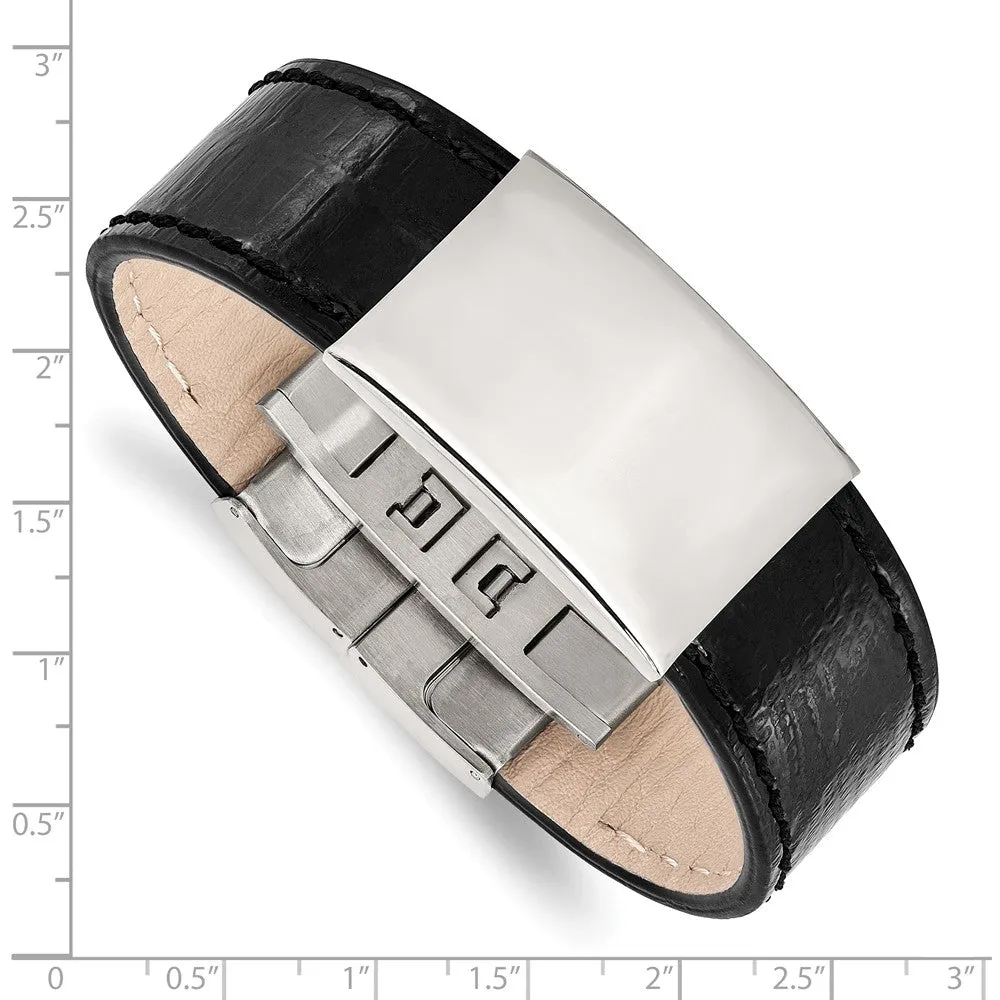 Stainless Steel Polished Black Leather ID Bracelet