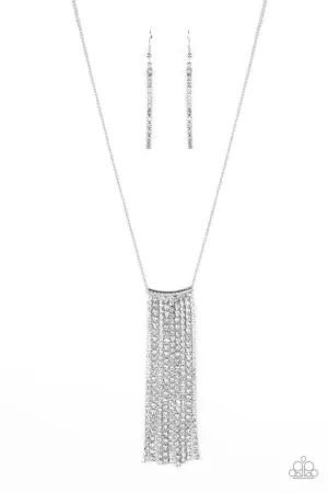 Stellar Crescendo - White - Rhinestone Tassel Silver Paparazzi Long Necklace