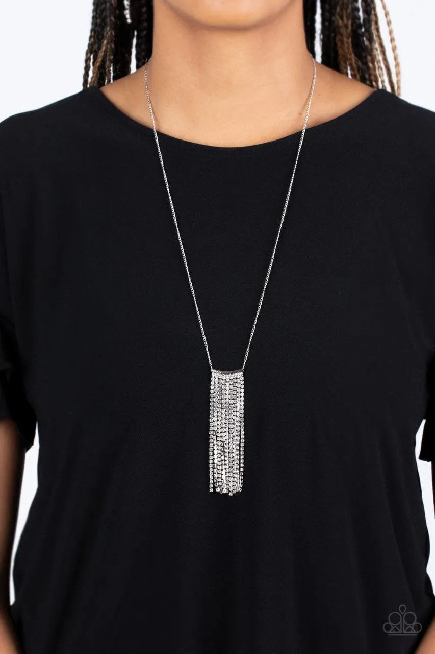 Stellar Crescendo - White - Rhinestone Tassel Silver Paparazzi Long Necklace