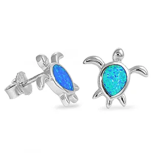 Sterling Silver High Polish Turtle Ocean Modern Earrings Blue Synthetic Opal 925