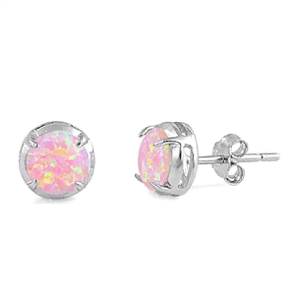 Sterling Silver Modern Circle Simple Classic Earrings Pink Synthetic Opal 925