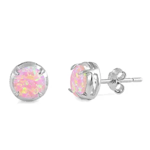 Sterling Silver Modern Circle Simple Classic Earrings Pink Synthetic Opal 925