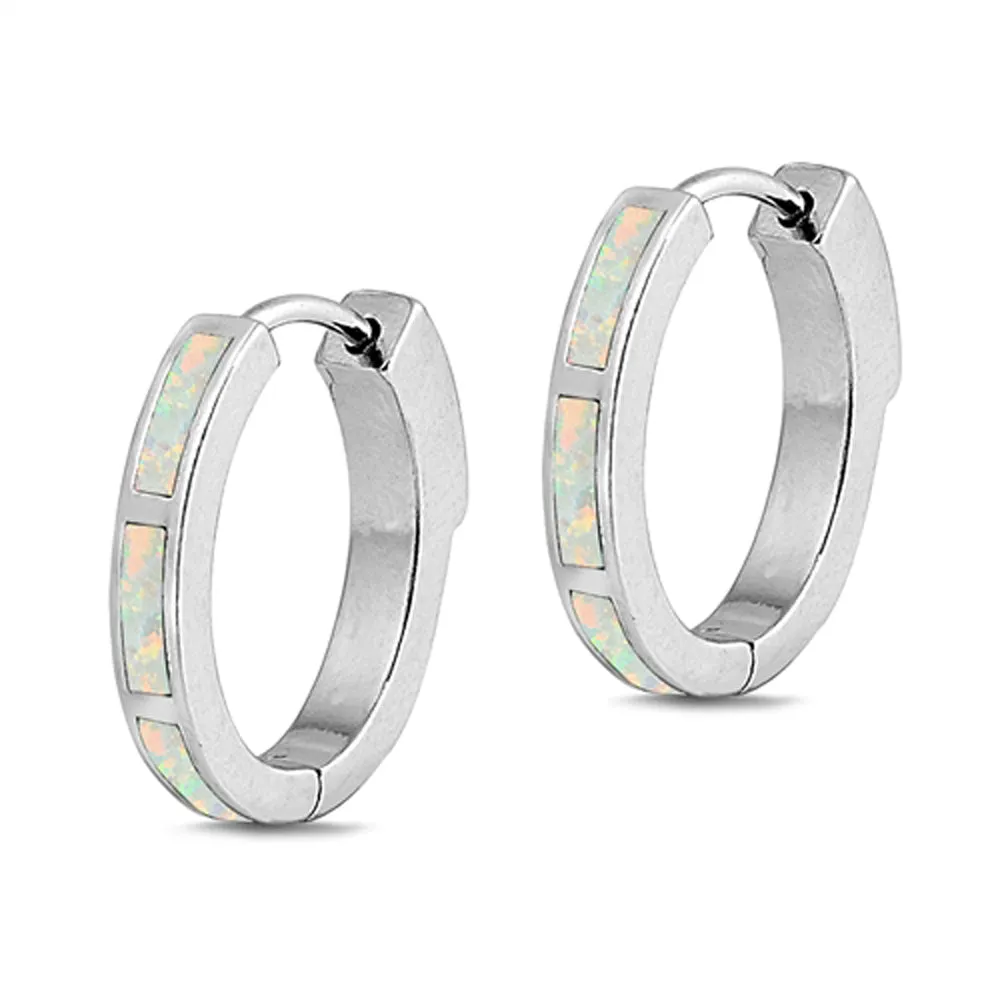 Sterling Silver Mosaic Hoop Modern Simple Earrings White Synthetic Opal 925 New