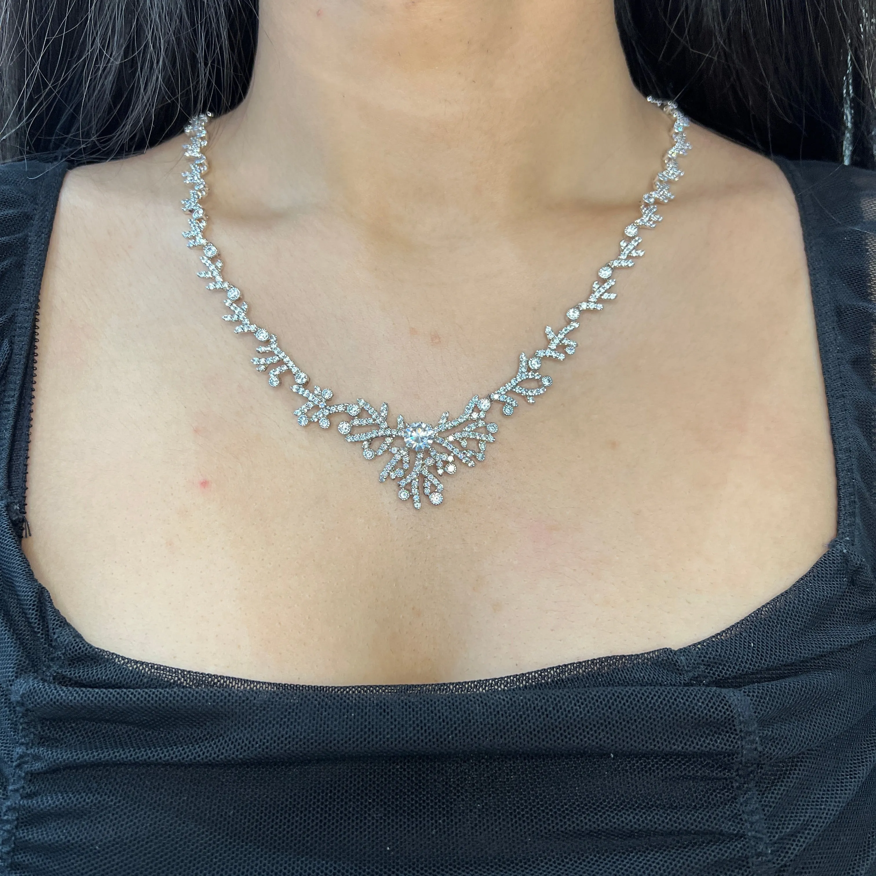 Sterling Silver Rhodium Plated Fancy CZ Bridal Necklace