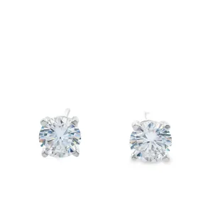 Sterling Silver Rhodium Plated Round Claw Cubic Zirconia Stud Earrings