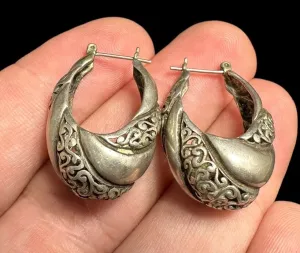 Sterling Silver Scrollwork Modernist Hoop Earrings Mid Century Modern Snap