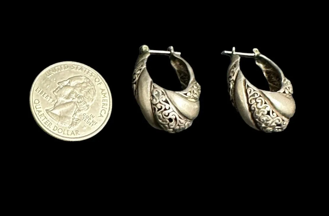 Sterling Silver Scrollwork Modernist Hoop Earrings Mid Century Modern Snap