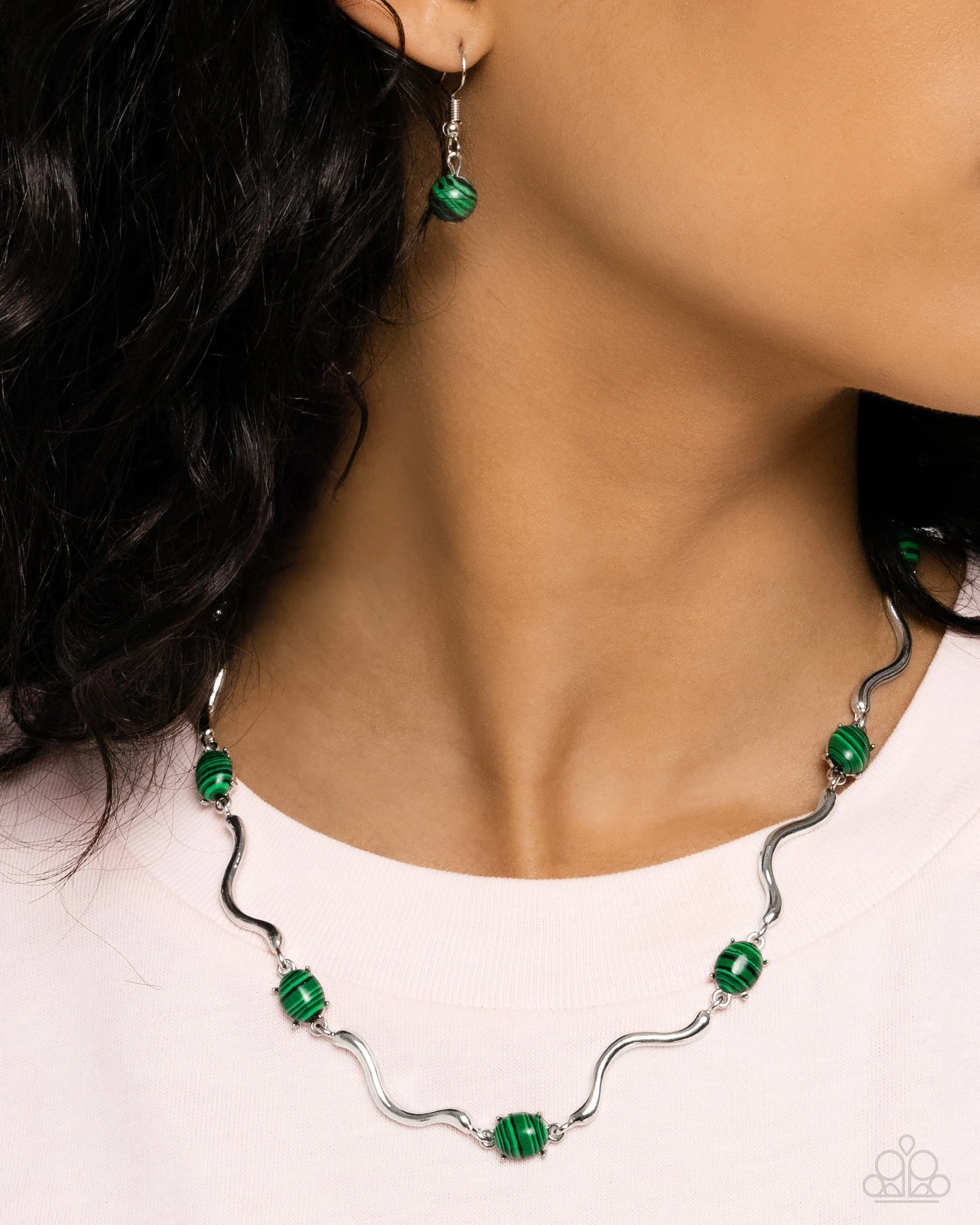 Striped Season - Green - Striped Bead Wavy Silver Bar Paparazzi Short Necklace