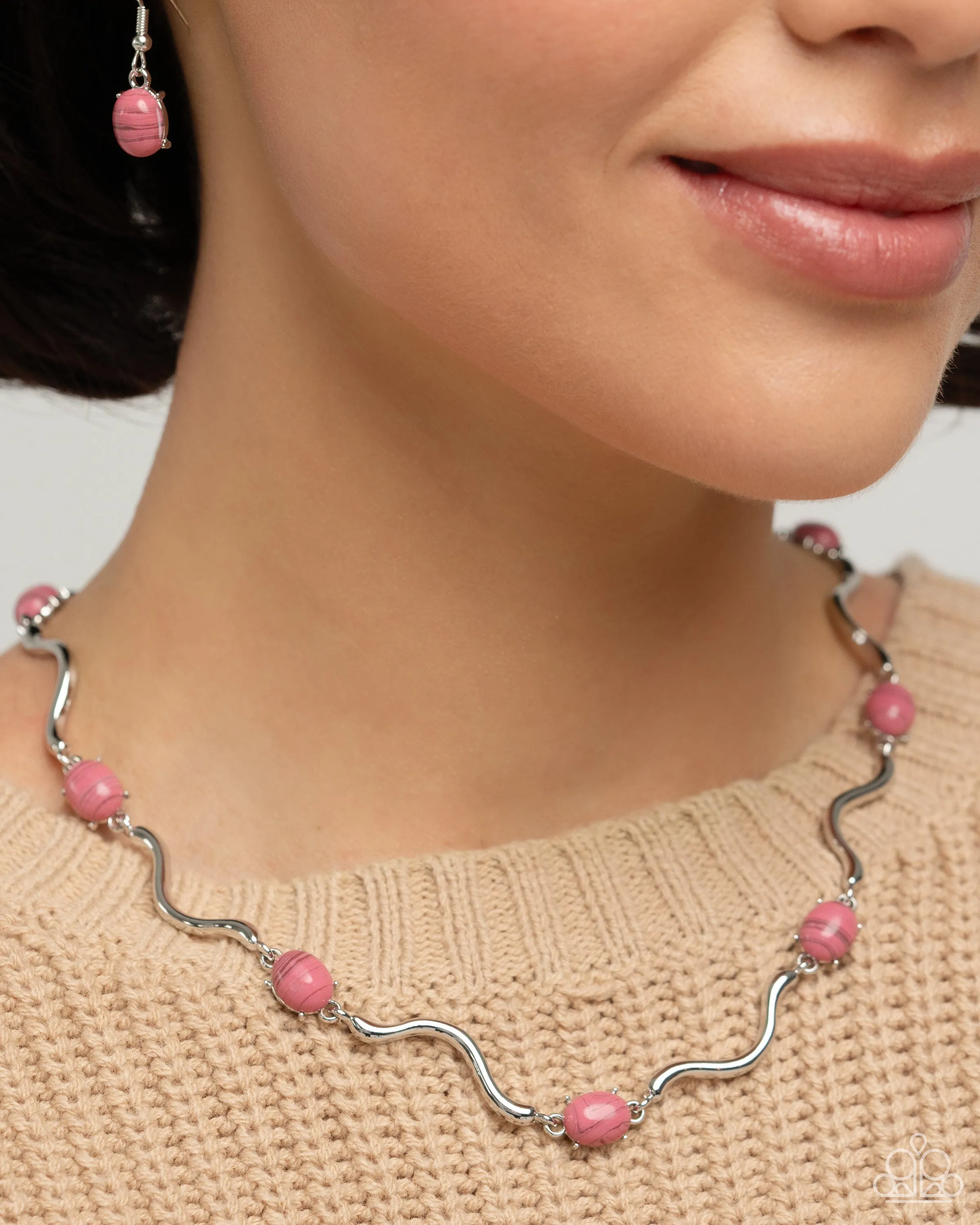 Striped Season - Pink - Striped Bead Wavy Bar Paparazzi Short Necklace