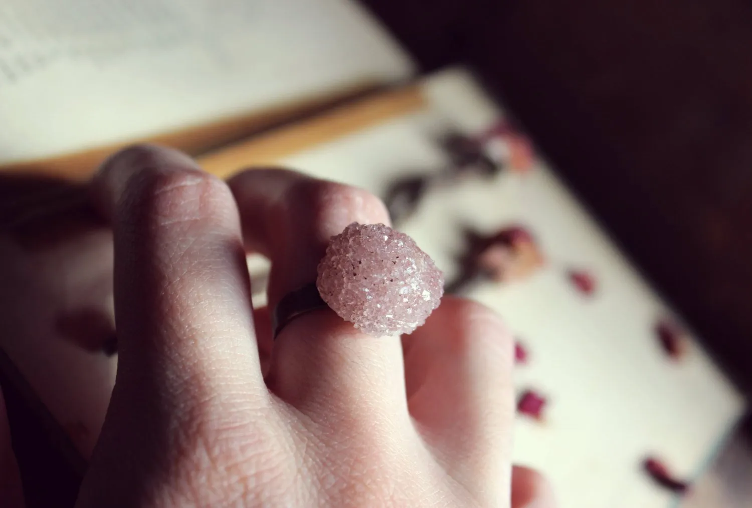 Sugar Rose. Raspberry Amethyst Drusy Crystal Cluster Ring.