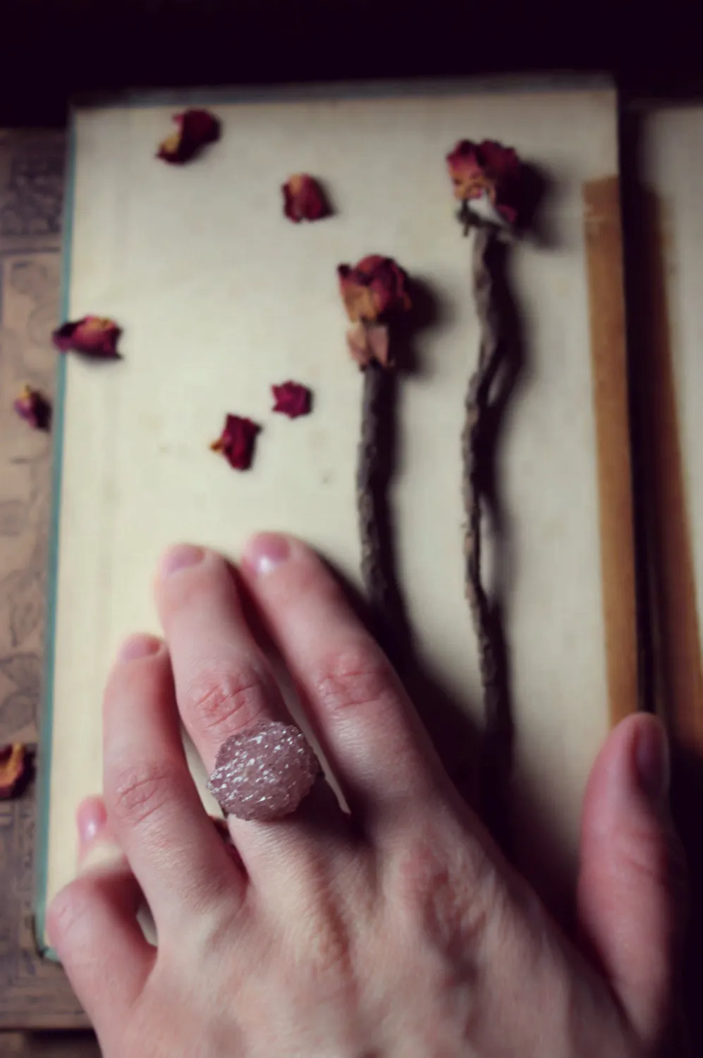 Sugar Rose. Raspberry Amethyst Drusy Crystal Cluster Ring.