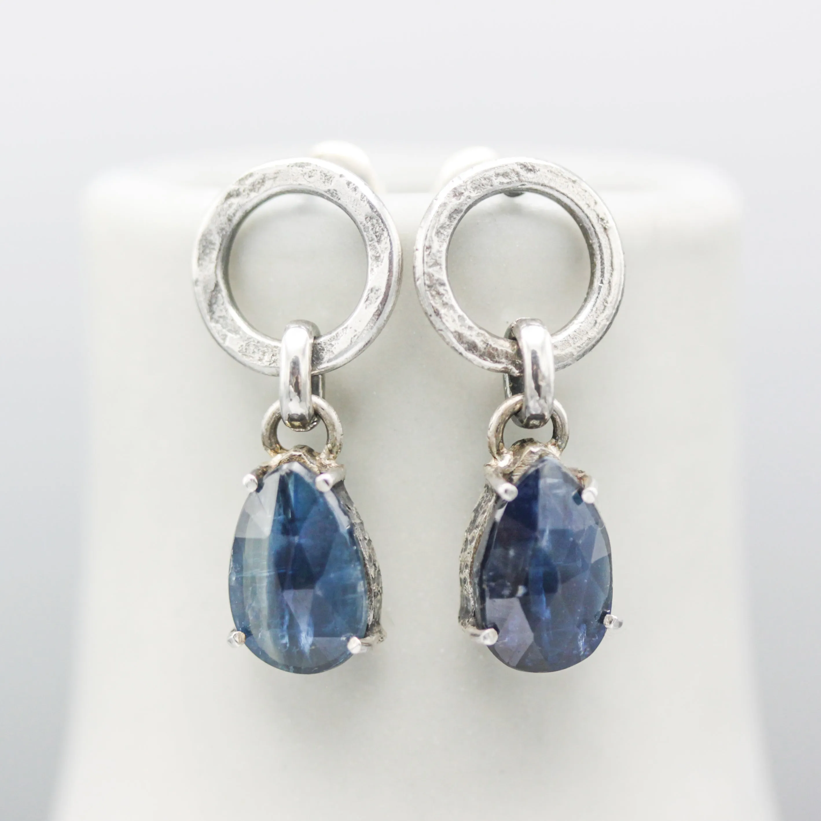 Teardrop Blue Kyanite earrings with circle silver loops and sterling silver stud style