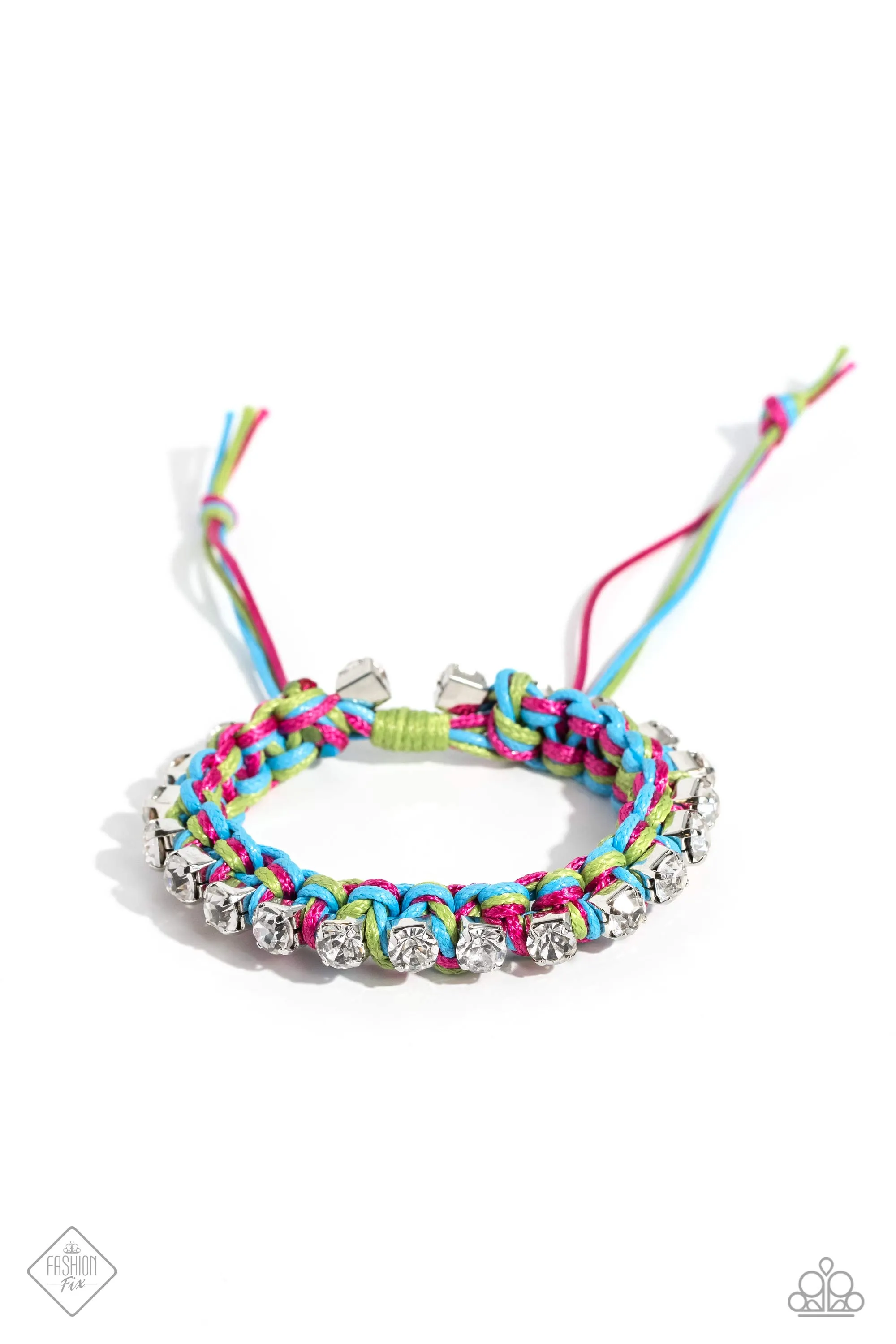 The Next Big String- Blue - Pink, and Green Cord White Rhinestone Paparazzi Pull-Cord Bracelet - September 2023 Sunset Sightings