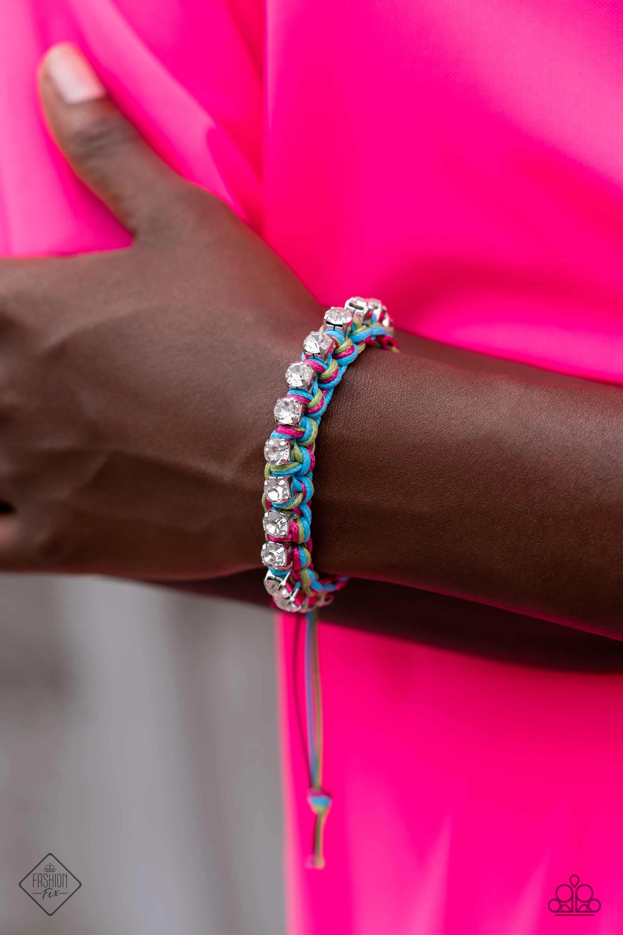The Next Big String- Blue - Pink, and Green Cord White Rhinestone Paparazzi Pull-Cord Bracelet - September 2023 Sunset Sightings