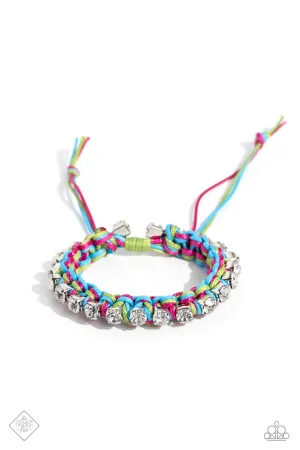 The Next Big String- Blue - Pink, and Green Cord White Rhinestone Paparazzi Pull-Cord Bracelet - September 2023 Sunset Sightings