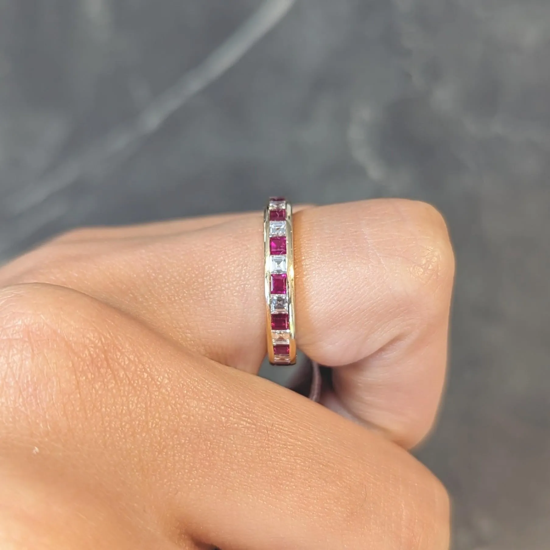 Tiffany & Co. 1.94 CTW Step Cut Diamond Ruby 18 Karat Yellow Gold Vintage Eternity Channel Band Ring