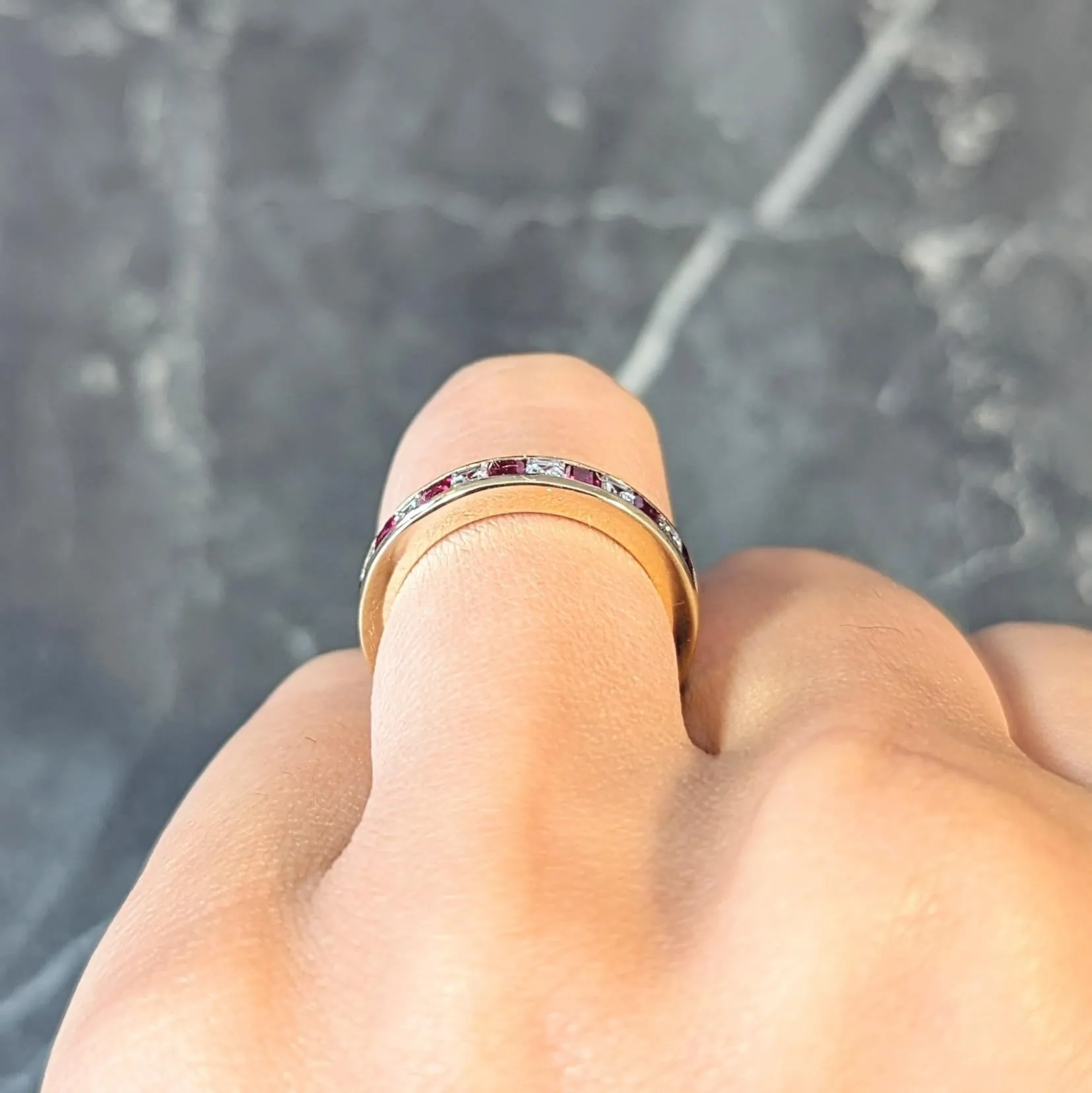 Tiffany & Co. 1.94 CTW Step Cut Diamond Ruby 18 Karat Yellow Gold Vintage Eternity Channel Band Ring