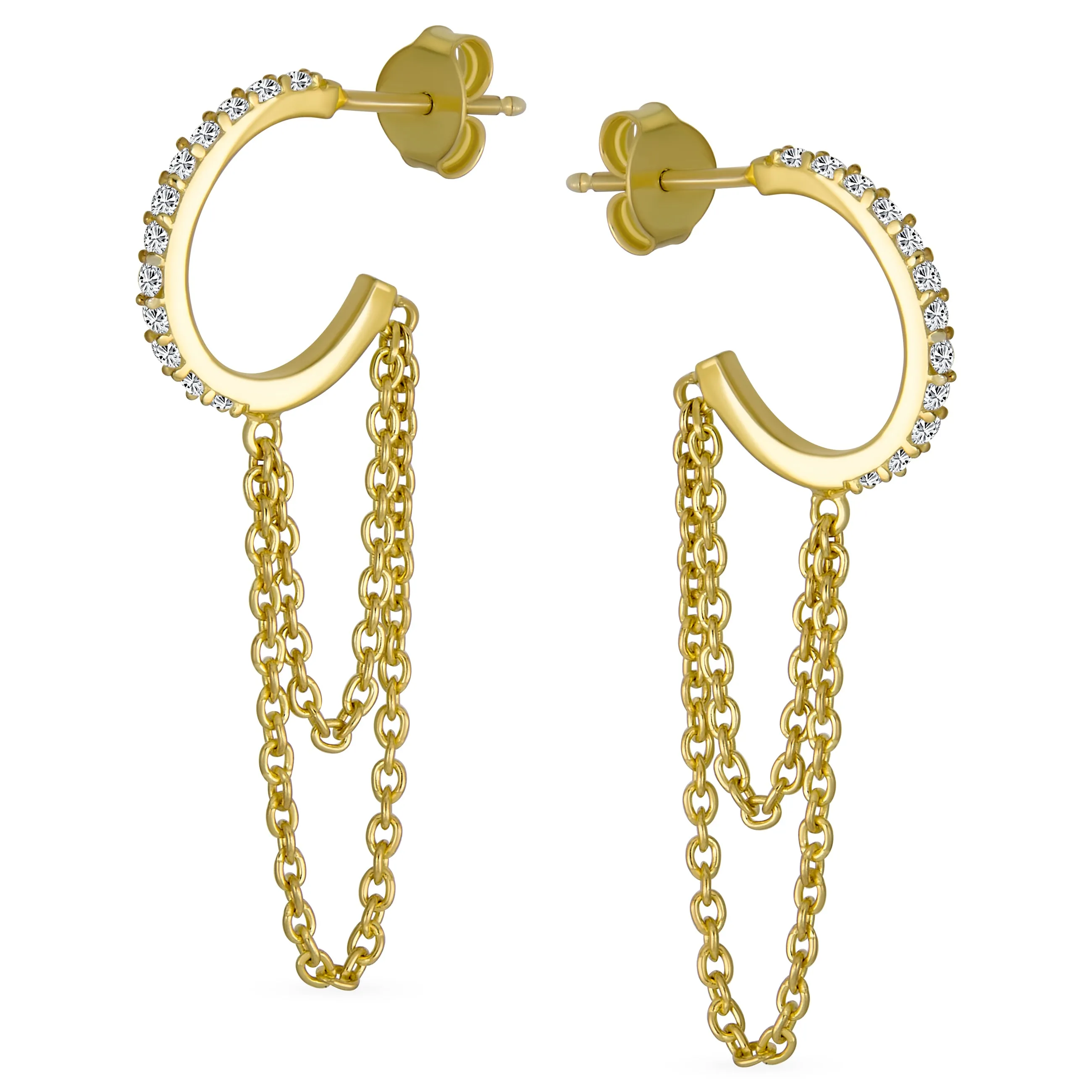 Trendy CZ Stud Earrings with Double Chain Huggie Hoop 14K Gold Sterling Silver