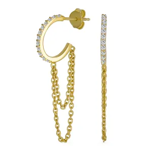 Trendy CZ Stud Earrings with Double Chain Huggie Hoop 14K Gold Sterling Silver