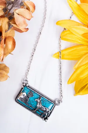 Turquoise Farm Scene Silvertone Necklace