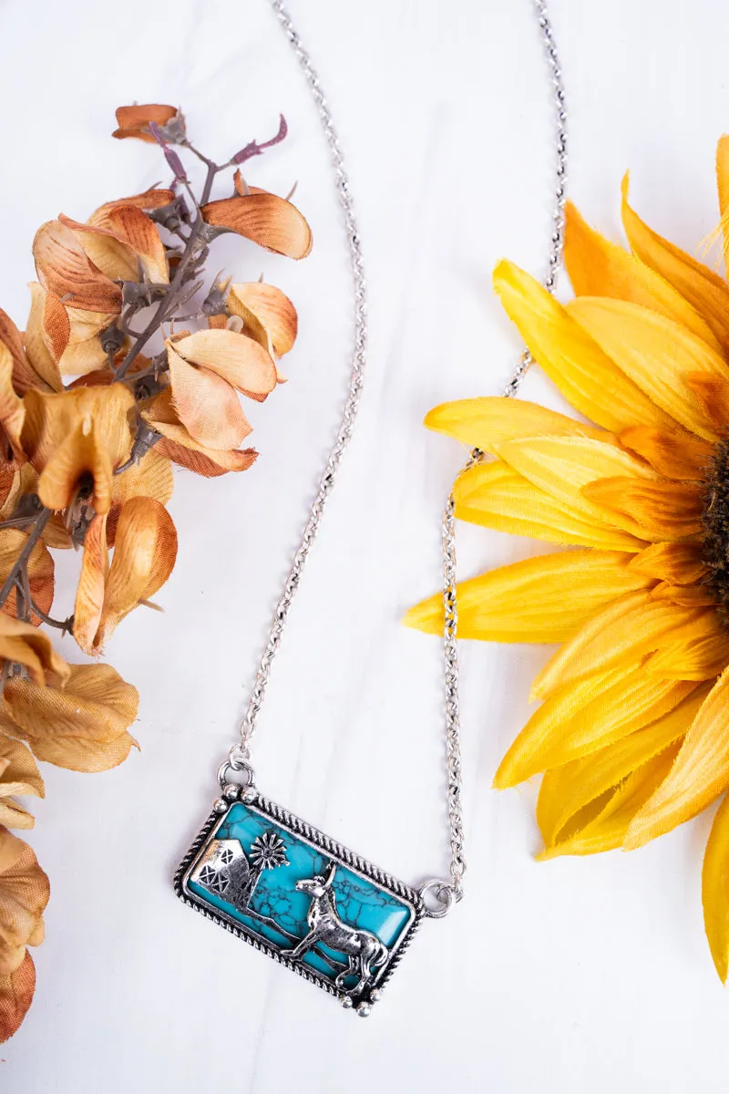 Turquoise Farm Scene Silvertone Necklace