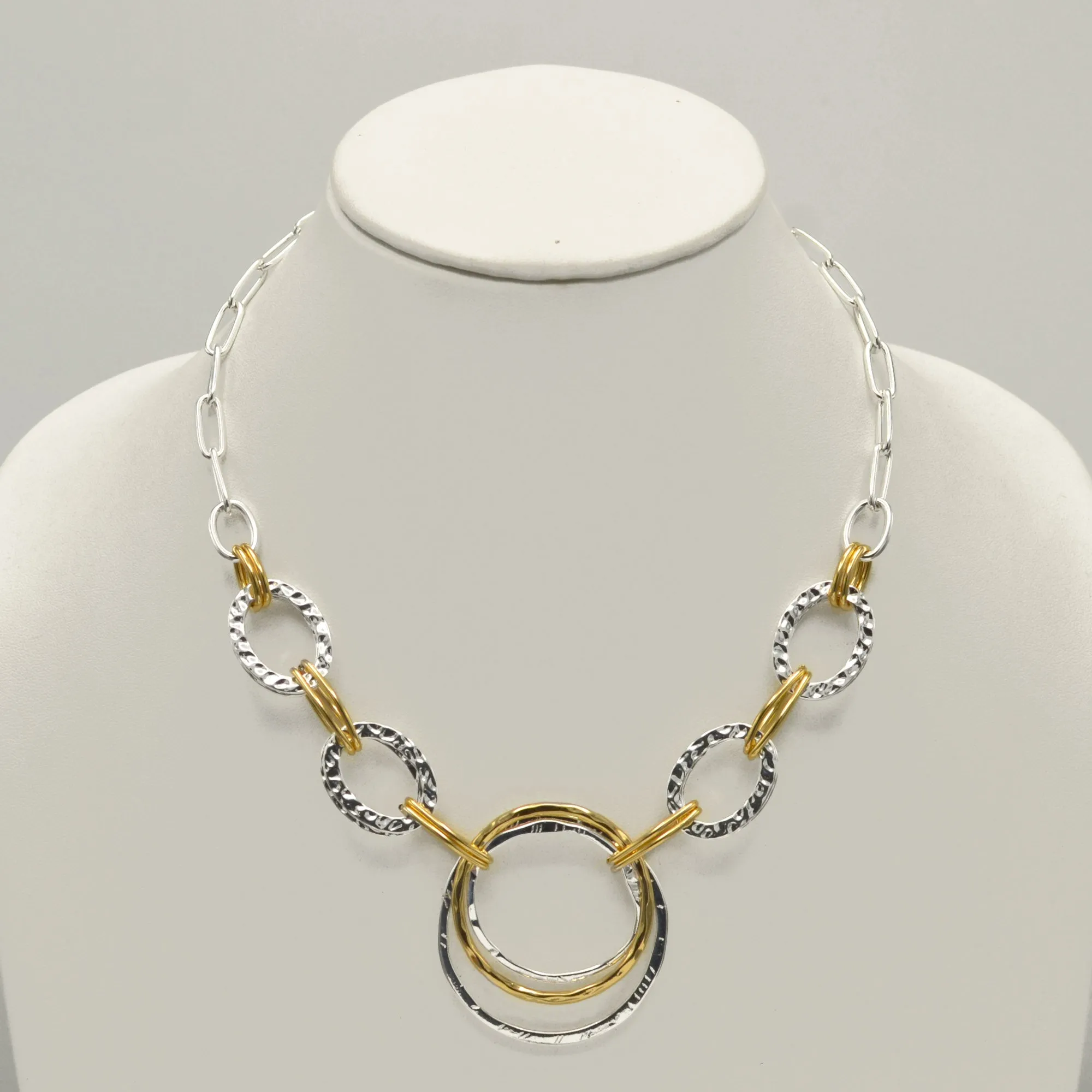 Two-Tone Gold And Silver Hammered Linked chain Necklace and Earrings Set#HNN E88652-1TWO(DE5)