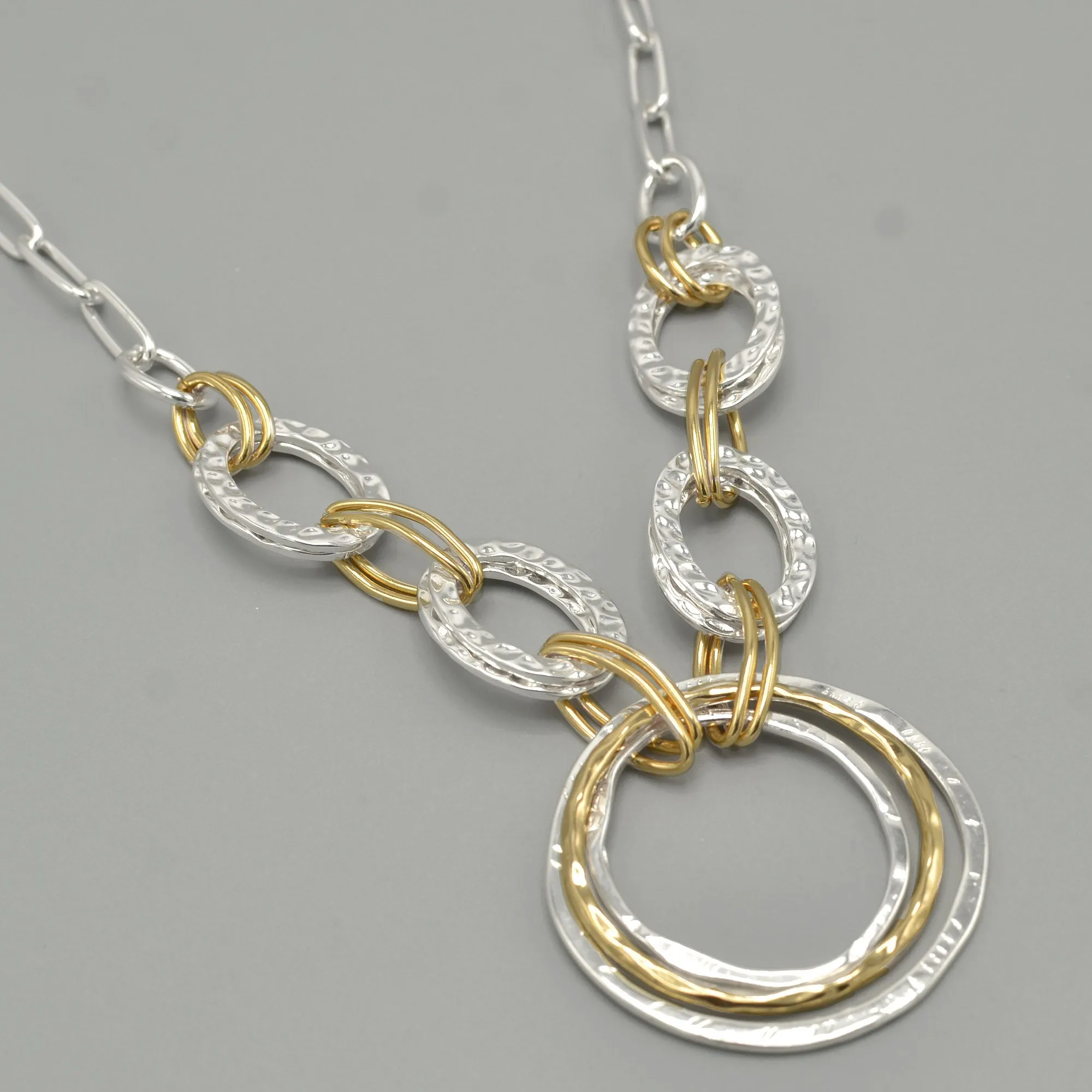 Two-Tone Gold And Silver Hammered Linked chain Necklace and Earrings Set#HNN E88652-1TWO(DE5)