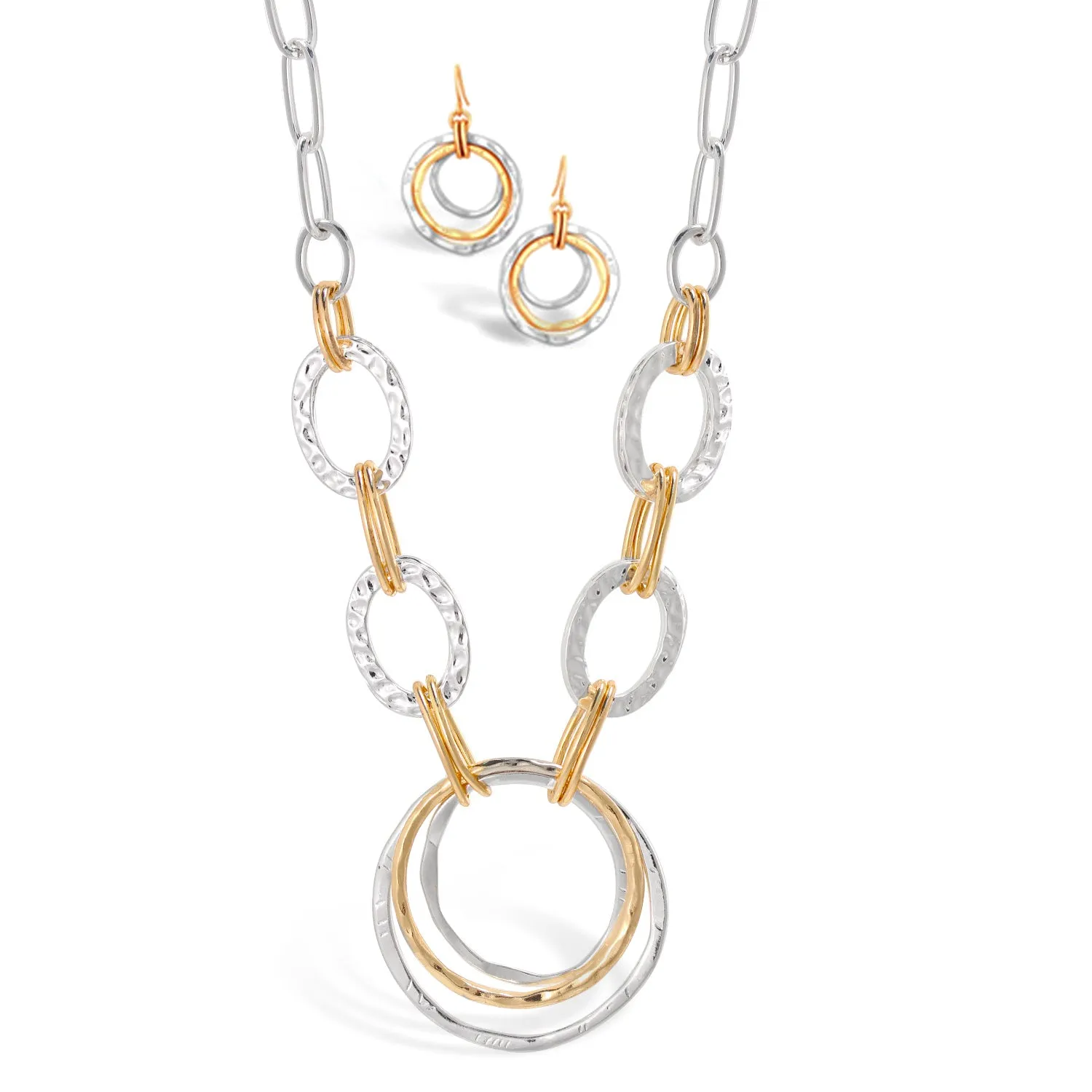 Two-Tone Gold And Silver Hammered Linked chain Necklace and Earrings Set#HNN E88652-1TWO(DE5)