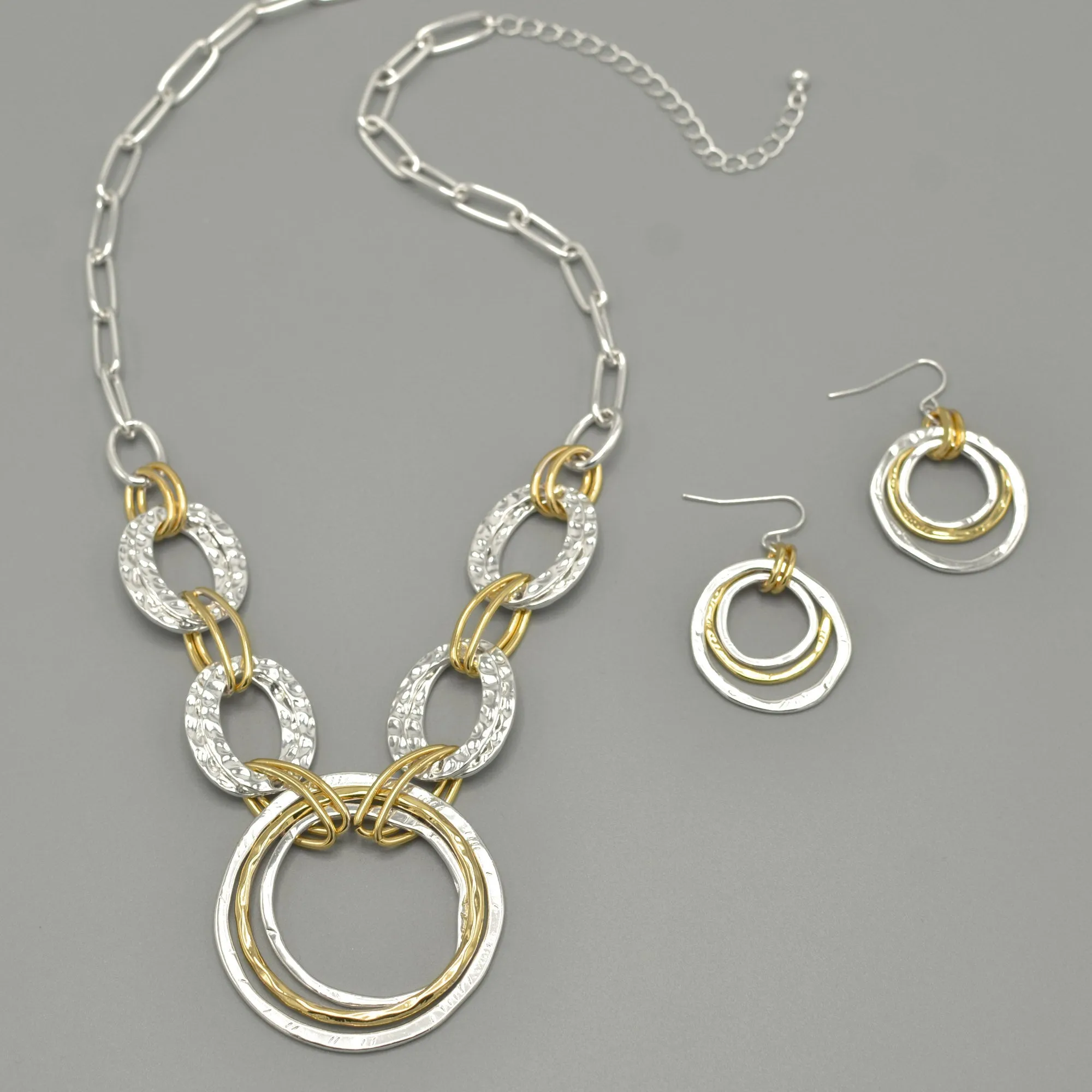 Two-Tone Gold And Silver Hammered Linked chain Necklace and Earrings Set#HNN E88652-1TWO(DE5)