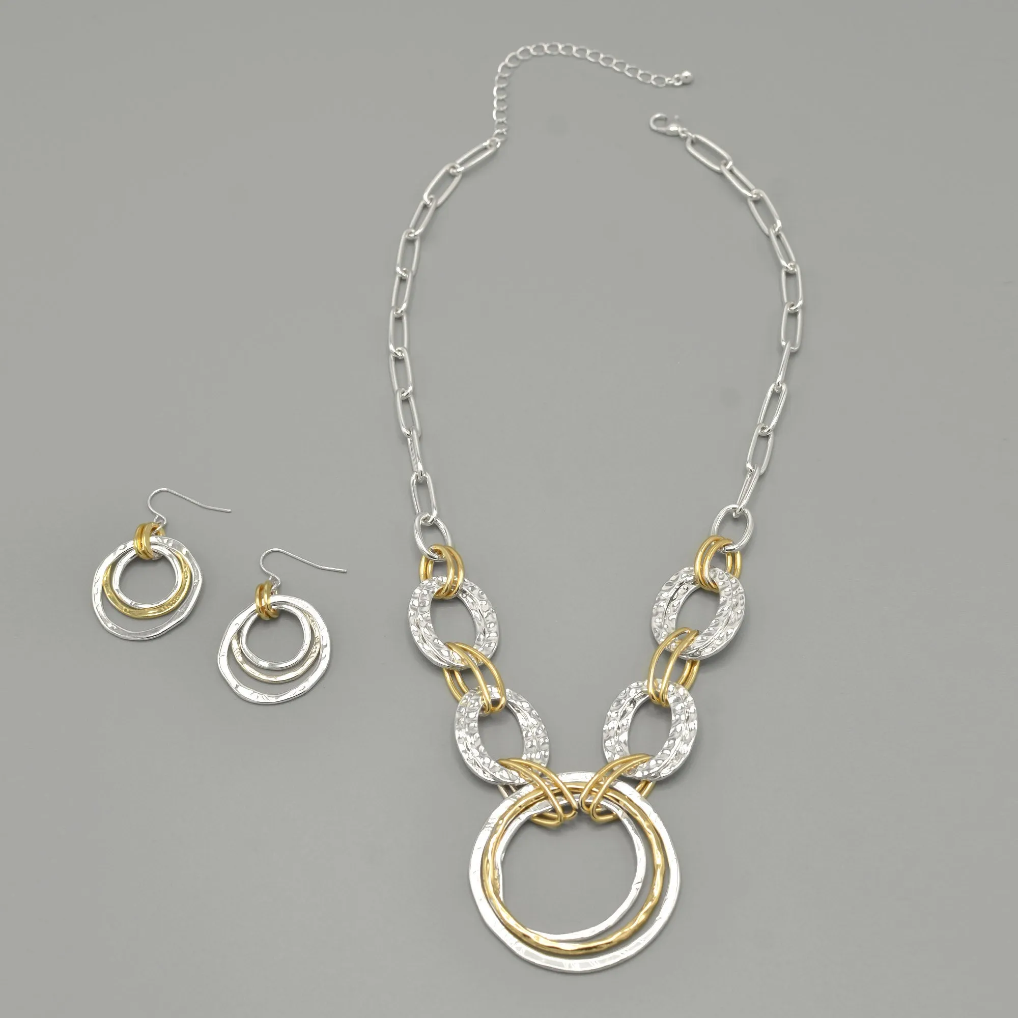 Two-Tone Gold And Silver Hammered Linked chain Necklace and Earrings Set#HNN E88652-1TWO(DE5)