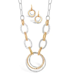 Two-Tone Gold And Silver Hammered Linked chain Necklace and Earrings Set#HNN E88652-1TWO(DE5)